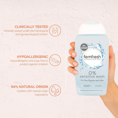 Femfresh 0% Sensitive Intimate Wash – Fragrance & Color Free | غسول فيم فريش للمناطق الحساسة ٠٪ – خالي من العطور والألوان